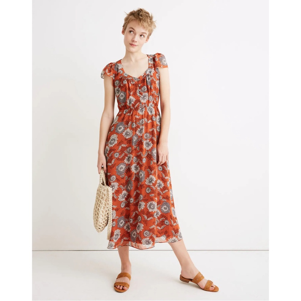 Madewell Sheer-Sleeve Button-Front Midi Dress in Gathered Blooms Orange